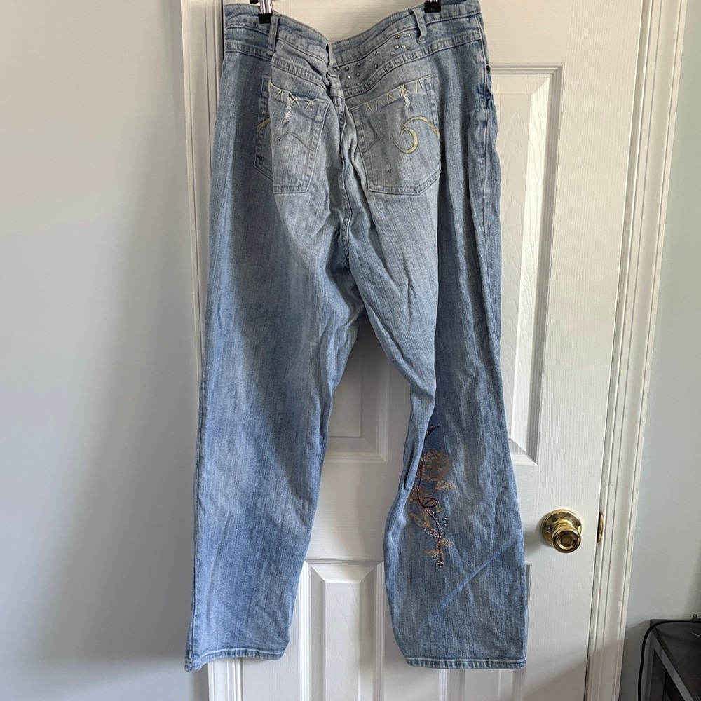 Vintage Y2K Lane Bryant Venezia Light Blue Embroidered Straight Leg Boho Jeans - Picture 9 of 11